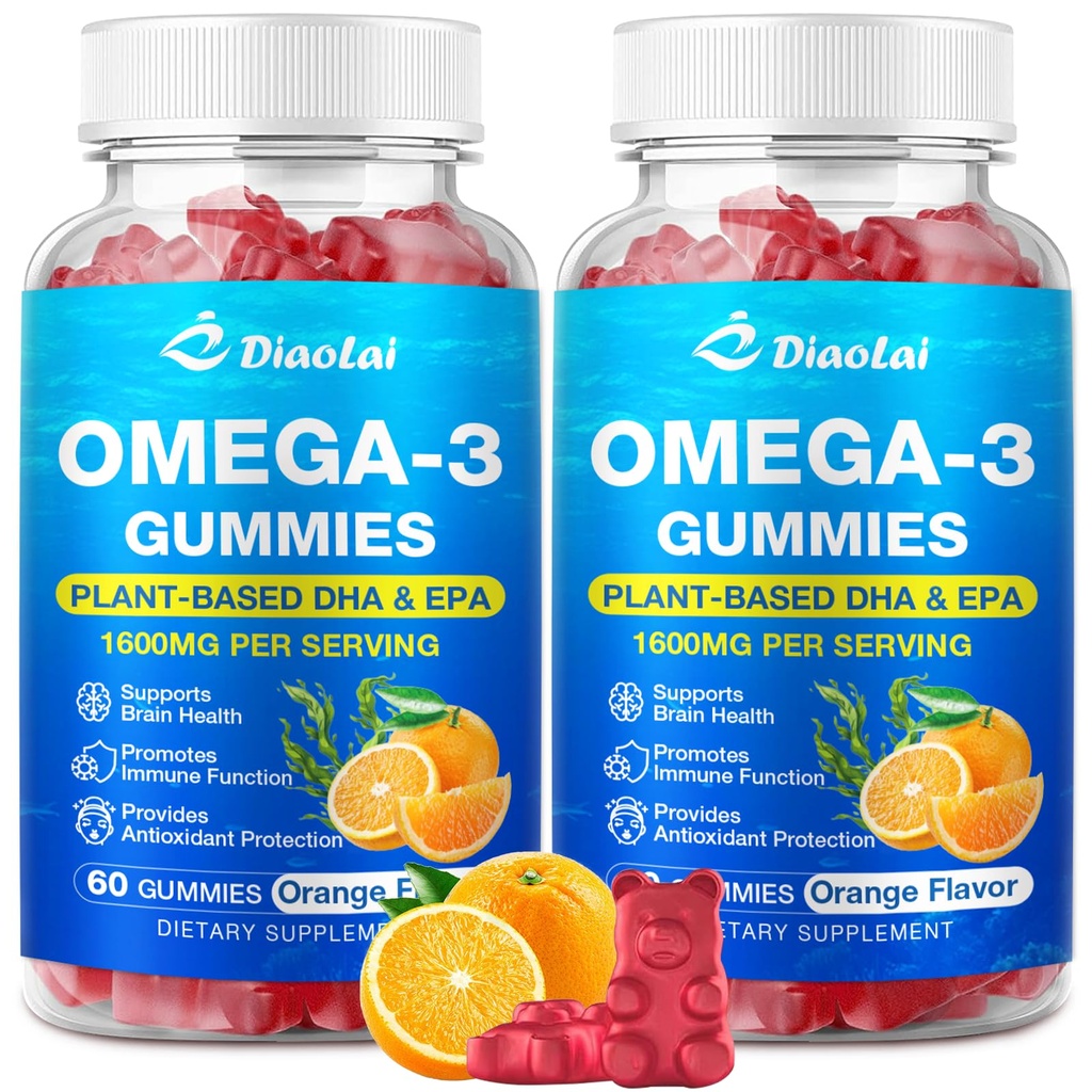 2 Pack Vegan Omega-3 Gummys for adderns – 无糖,基于藻类的DHA 600mg & EPA 300mg, 配有维生素A, C, E, Zinc – Omega 3 Fish Oil 替代品,120 Count