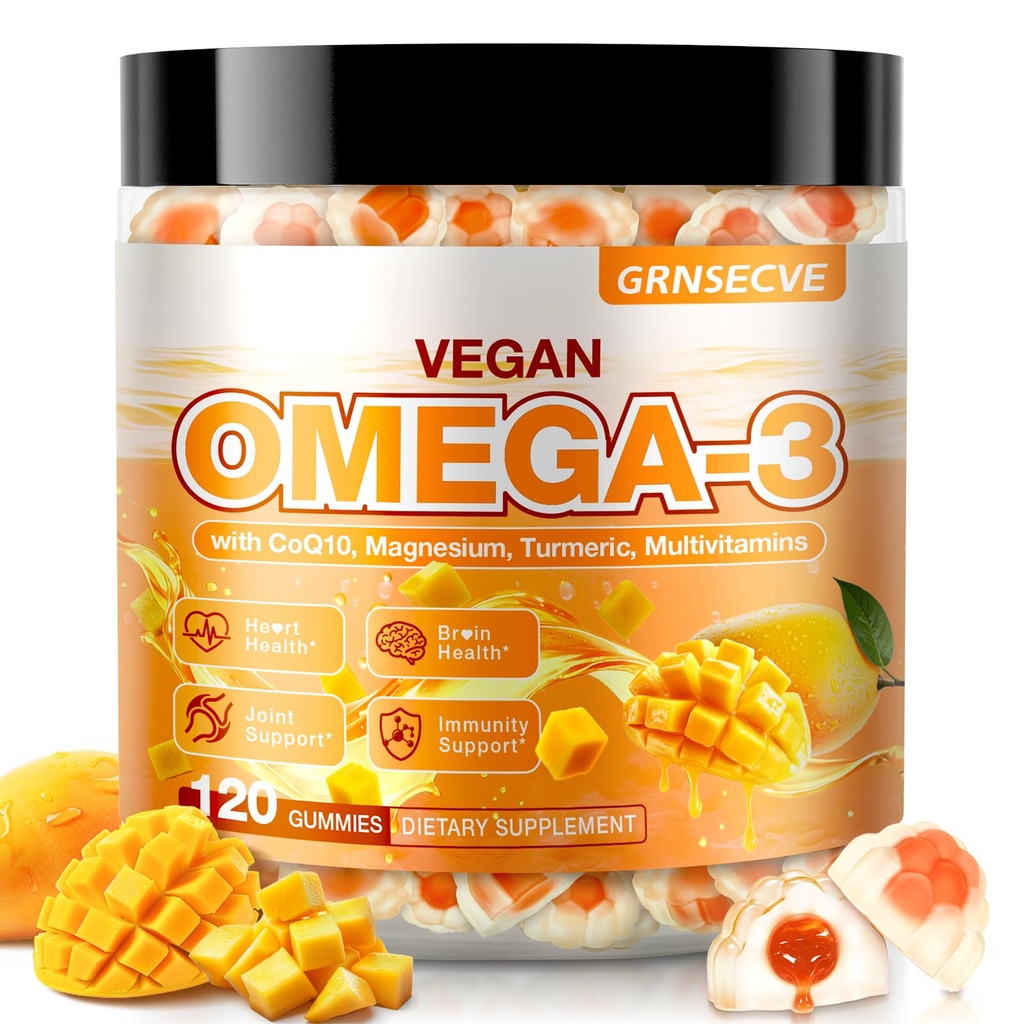 Vegan Omega-3 Gummys - 鱼油Omega 3 成人替代物 - Algae DHA 600mg & EPA 400mg,维生素D3 K2 - 无鱼味 - 用于脑,眼,免疫支持 - 无糖,120 计数