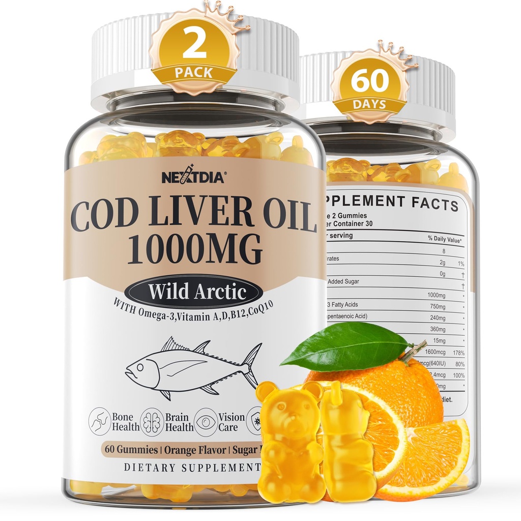 Cod Liver Oil 1000mg Gummys for Adults & Kids,配有维生素A & D3 - Omega 3 鱼油补充剂 - DHA 360mg & EPA 240mg for Brain, Bone, Eye & Immune Health,无糖,120 Counter