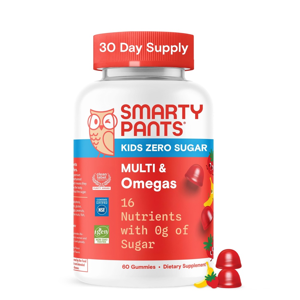SmartyPants Kids Zero糖 多维特敏胶:Omega-3,维生素D,C,A,植物基,Gluten Free,草莓香蕉Flavor,60 Counter(30天供应)