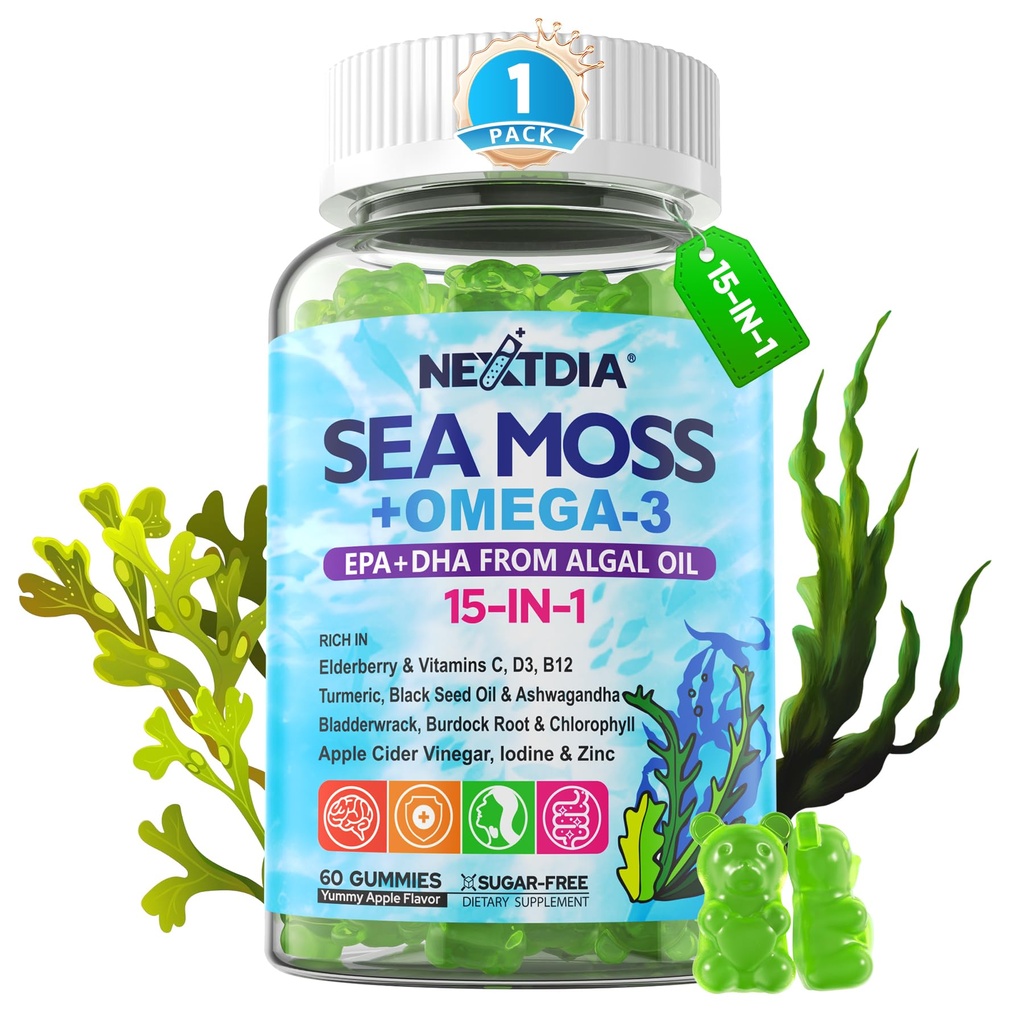 Sea Moss Gummys + Algae Omega-3 for Men Women,无糖Vegan 15-IN-1 爱尔兰海摩斯超级食品与/EPA DHA,维生素B12 D3,Turmeric,老莓,Burdock根,支持能源,大脑,Immune 1 Pack