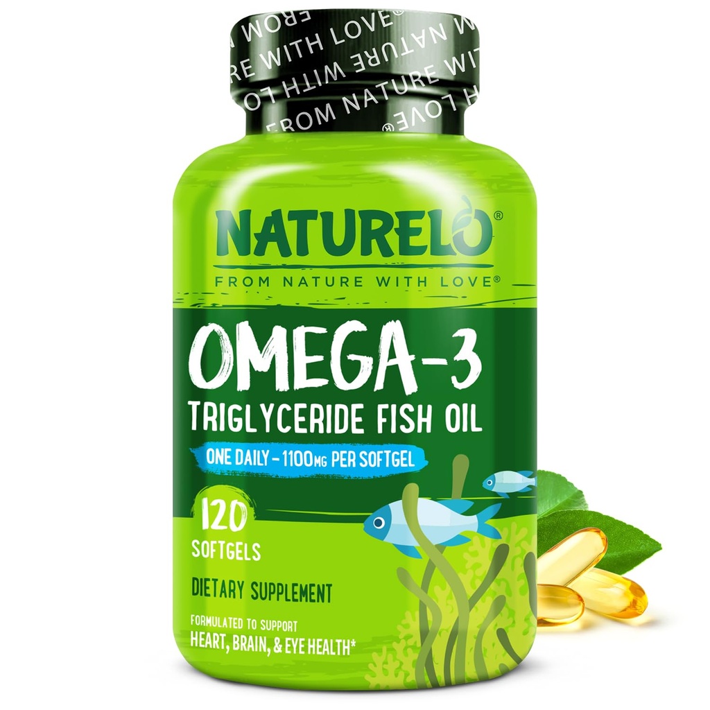 NATURELO Burpless Omega 3 鱼油补充剂 - 1100mg Triglyceride Omega-3, EPA + DHA,液体鱼油换心脏,眼睛,大脑,联合健康 - 120 软胶,供应4个月