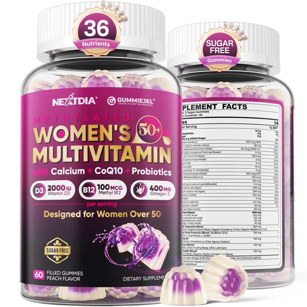 女性的多维他命 50 + Gummys, Vegan Omega 3, Methylfolate, Calcium, D3 K2, CoQ10, Daily Vitamin A C E, Methylized B12, Biotin, B Complex, Zinc - Bone,能源,长寿 - 无糖, 60 Count