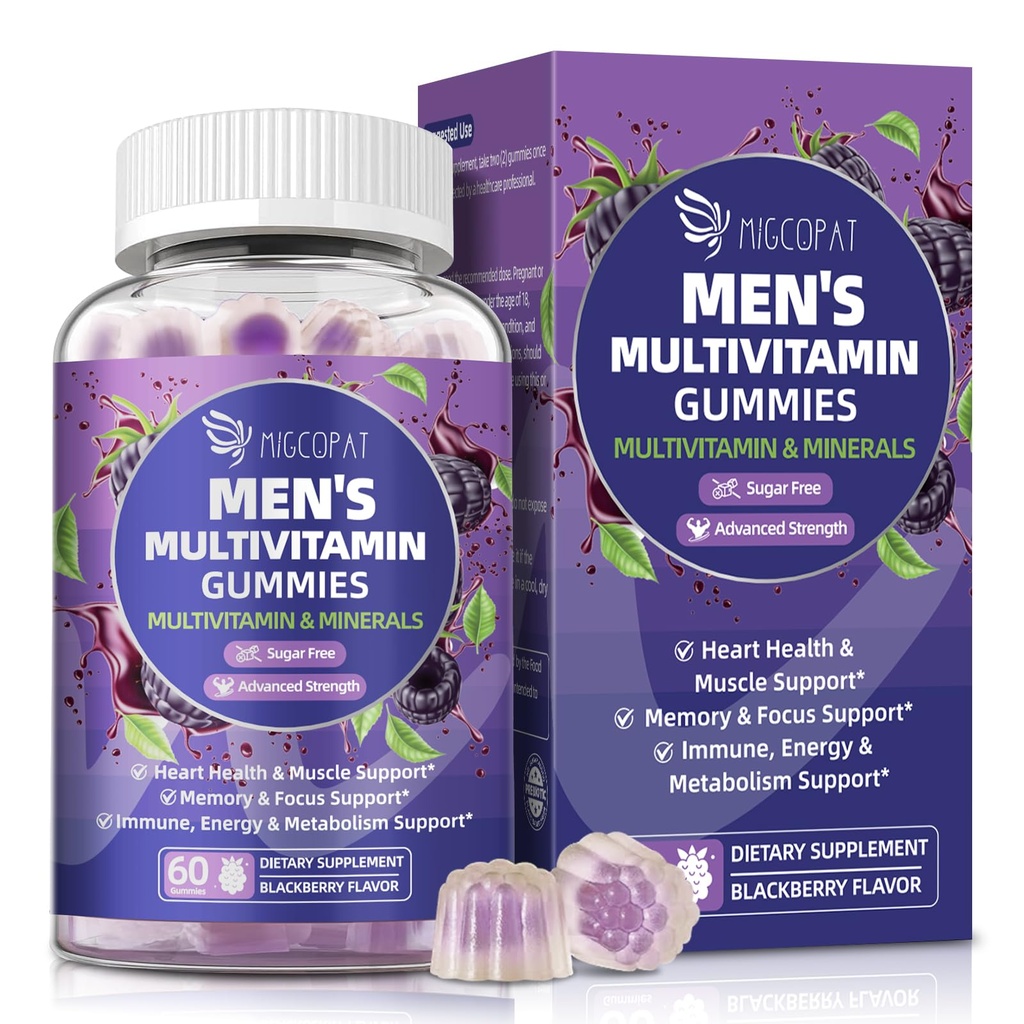 男性多维他明, Mens 多维他明 Gummys w/Omega-3, 亲生素, Inositol, Folate, Biotin, Zinc, 维生素A, C, D, E, B, - 支持心, 大脑, 肌肉, 能量, 无糖, 黑莓火焰