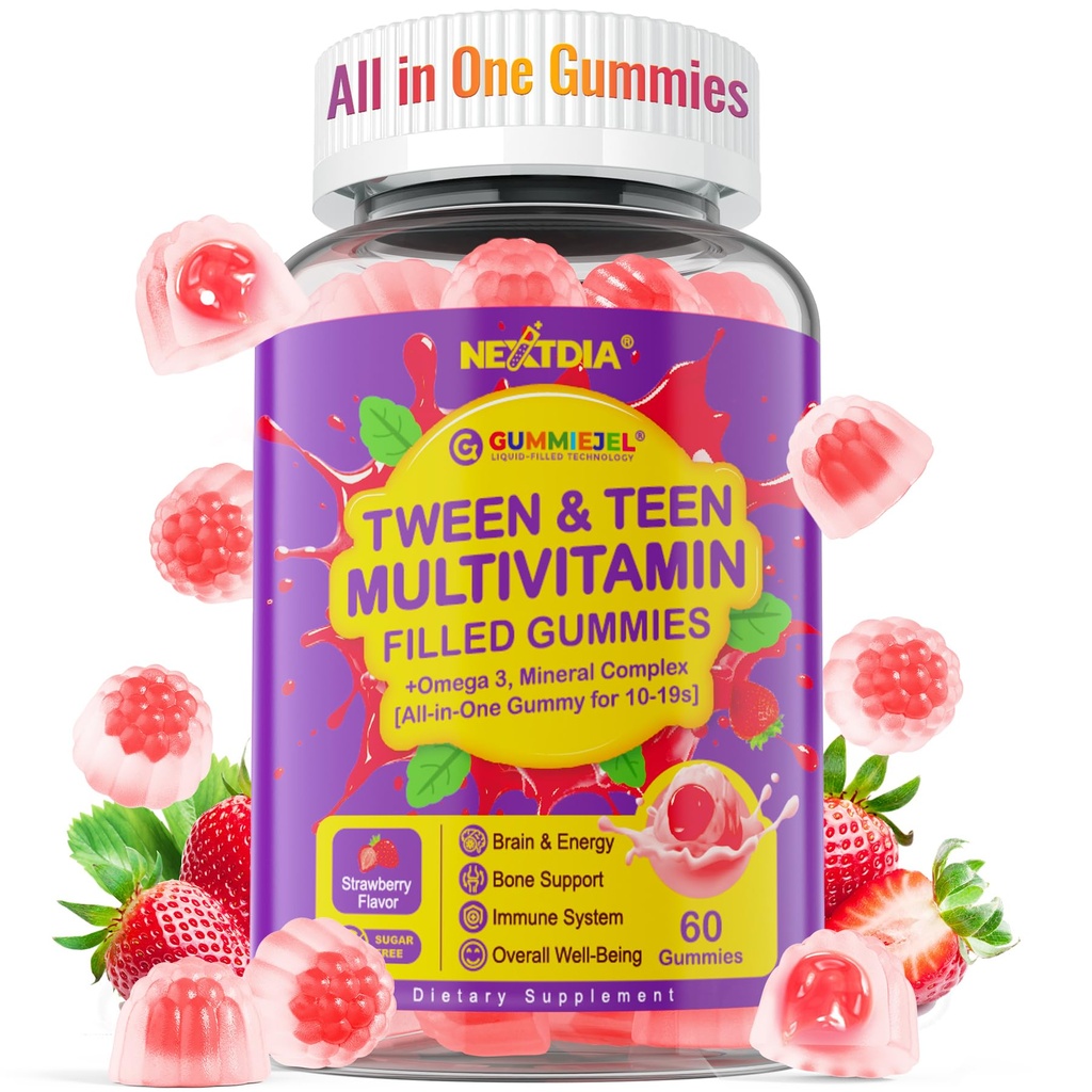 Nextdia Multivitamin Filled Gummies for Teen Boys Girls 12-17, 18, 19, Kids 10+ Multivitamin with Omega 3, Calcium + Magnesium + Zinc, Multi-Minerals for Adolescent 10-19S Brain, Bone, Energy, Immune