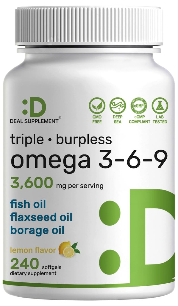 Triple Omega 3-6-9 Fish Oil Supplements 3,600mg – 240 软胶与Flaxseed Oil & Borage Oils Complex – High EPA + DHA – Burpless Pills,Lemon Flavored, Wild Caught – Heart, Joint, & Brain 支持 互联网档案馆的存檔,存档日期2013-03-02.