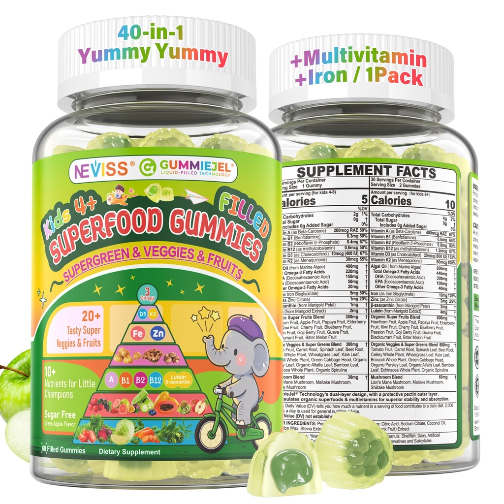 NEVISS Kids 4+ & Teens Super Greens 40-in-1 Gummys w/Multivitamin, Omega3 Iron, D3K2, Picky Eater 有机超级水果 Vegies Superfood Gummy, 蘑菇, Lutein QQ Immune Bone脑能,无糖