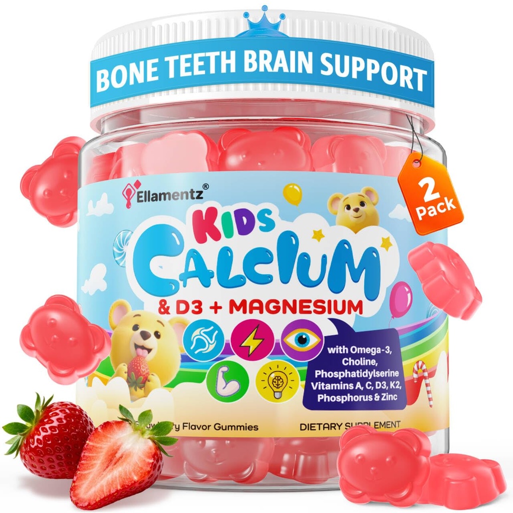 蛋白质钙 + D3 & Magnium for Kids & Teens, w/Calcium Citate 钙 Algae Calcium Milk, Omega-3 (DHA/EPA),维生素A, C, K2, Choline, Zinc, 维生素 Gummys for Bone, Grôwth & Brain, 2 Pack