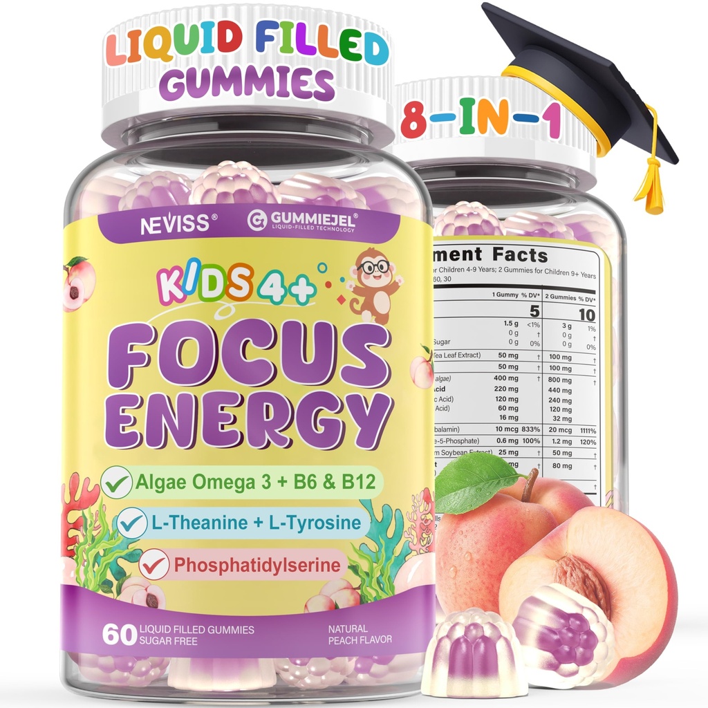 儿童聚焦Gummys - 与Vegan Omega 3 DHA, Phosphatidylserine, L-Theanine, L-Tyrosine, Methiced B6 & B12 儿童与青少年支持关注,记忆,诺特罗比,无糖60cmts的大脑补充.