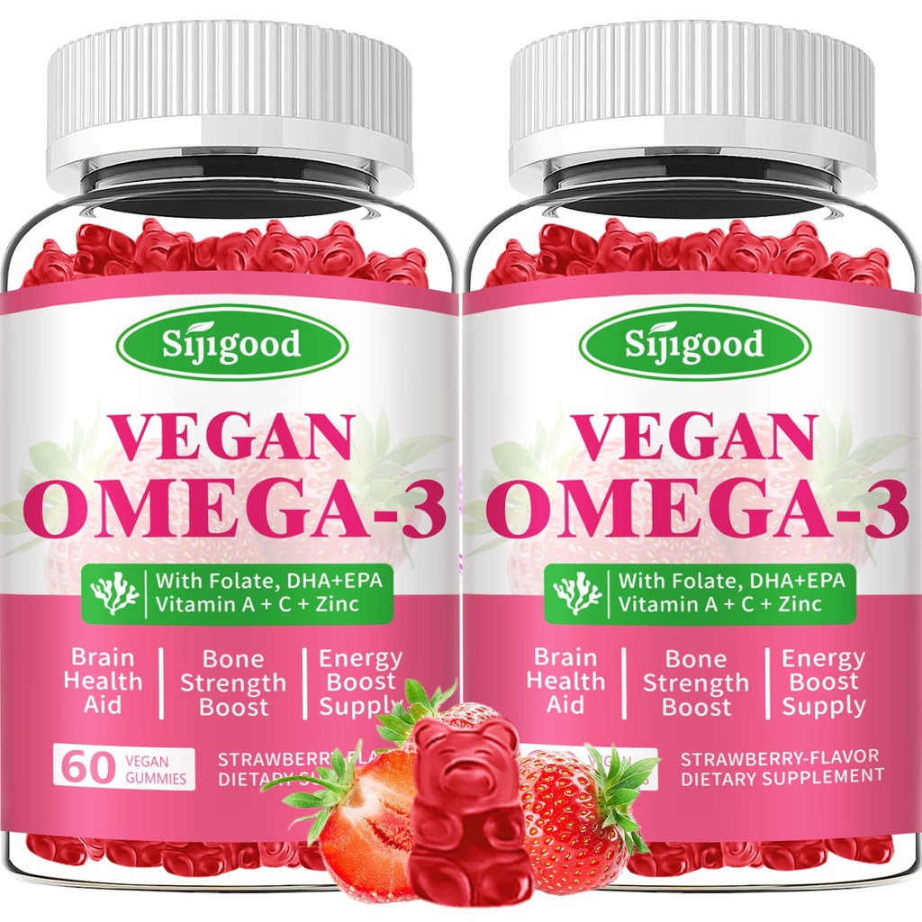 Omega-3 Gummys Potent Algae Omega Source, Boost Brain, Eye & Imune 函数, 配有 DHA 和 EPA Vegan & Sugar Free, 草莓 Flavor, 120 计数