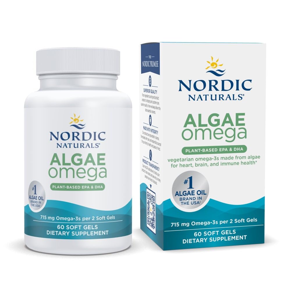 北欧天然藻类 Omega - 60 软藻类 - 715 mg Omega-3 - 认证 Vegan Algae Oil - 植物型 EPA & DHA - 心脏,眼睛,免疫和脑健康 - 非GMO - 30 服务
