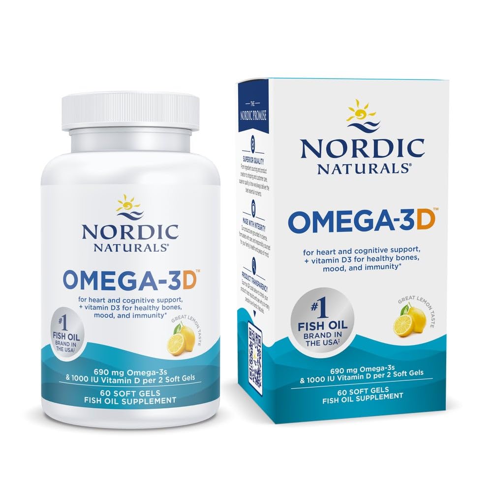 北欧自然Omega-3D,柠檬Flavor - 60 软宝石 - 690 mg Omega-3 + 1000 IU 维生素 D3 - 鱼油 - EPA & DHA - 免疫支持,脑和心脏健康,健康骨头 - 非GMO - 30