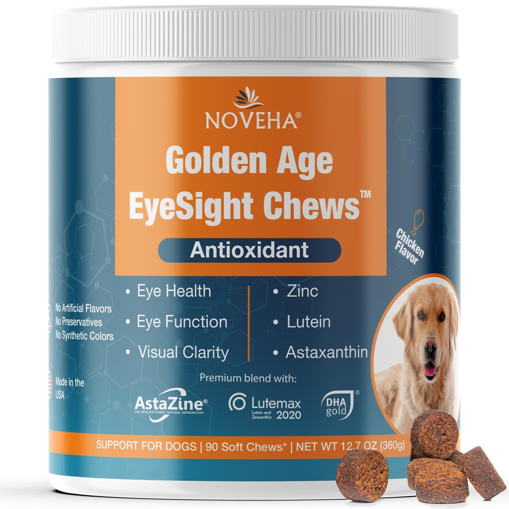 NOVEHA Eye Supplement for Dogs (90 Chews)- Vision Support with Lutein + Vitamin C & Astaxanthin Antioxidants - Dog Vitamins for Eyes + Fish Oil for Omega 3 EPA - Made in USA