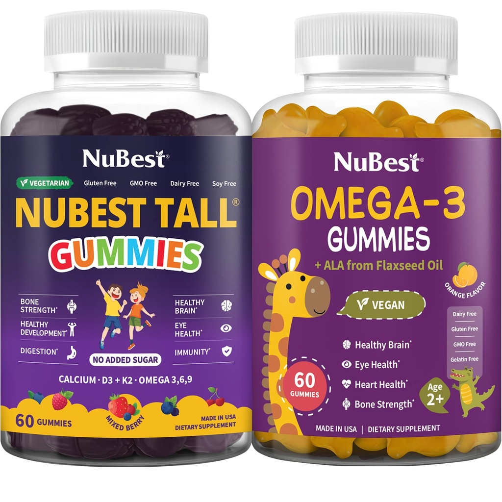 NuBest Bundle:促进全面发展、脑健康、眼科健康Tall Gummys和Omega 3 Flaxseed Oil for Kids and Teens的日用品
