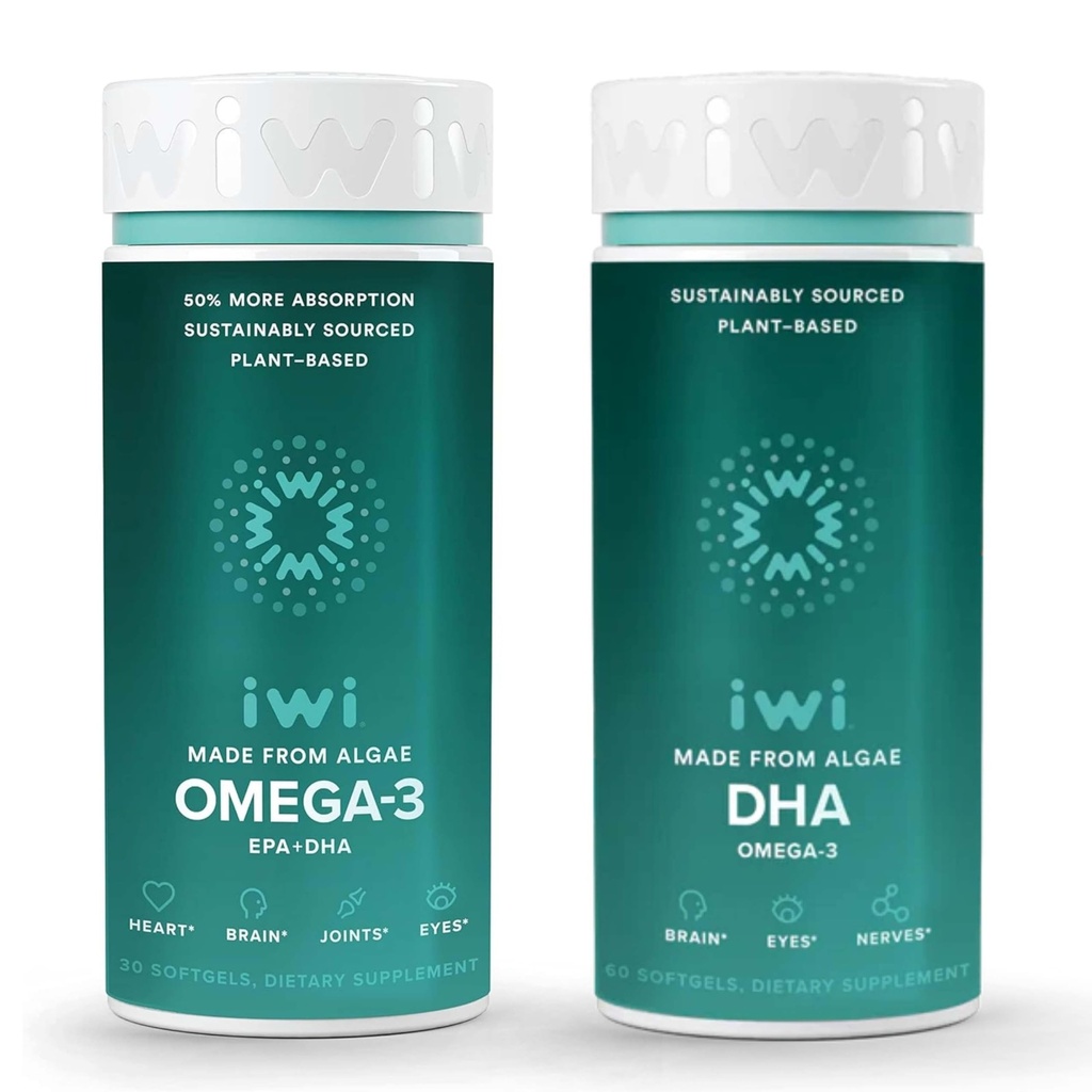 Iwi Omega-3 & DHA Omega-3 Bundle, 30名服务员, Vegan 植物型藻 Omega 3, Krill 和鱼油替代品, 无鱼味余料