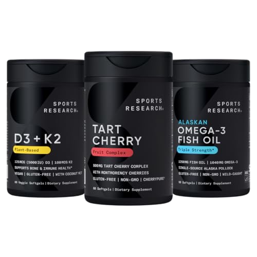 运动研究 ® 多维特敏包装 w/ CherryPure® Tart Cherry 水果综合体 800mg,维生素 D3 5000iu + K2 100mcg,阿拉斯加 Omega-3 鱼油 1250mg - 非GMO → 无糖 → 无糖
