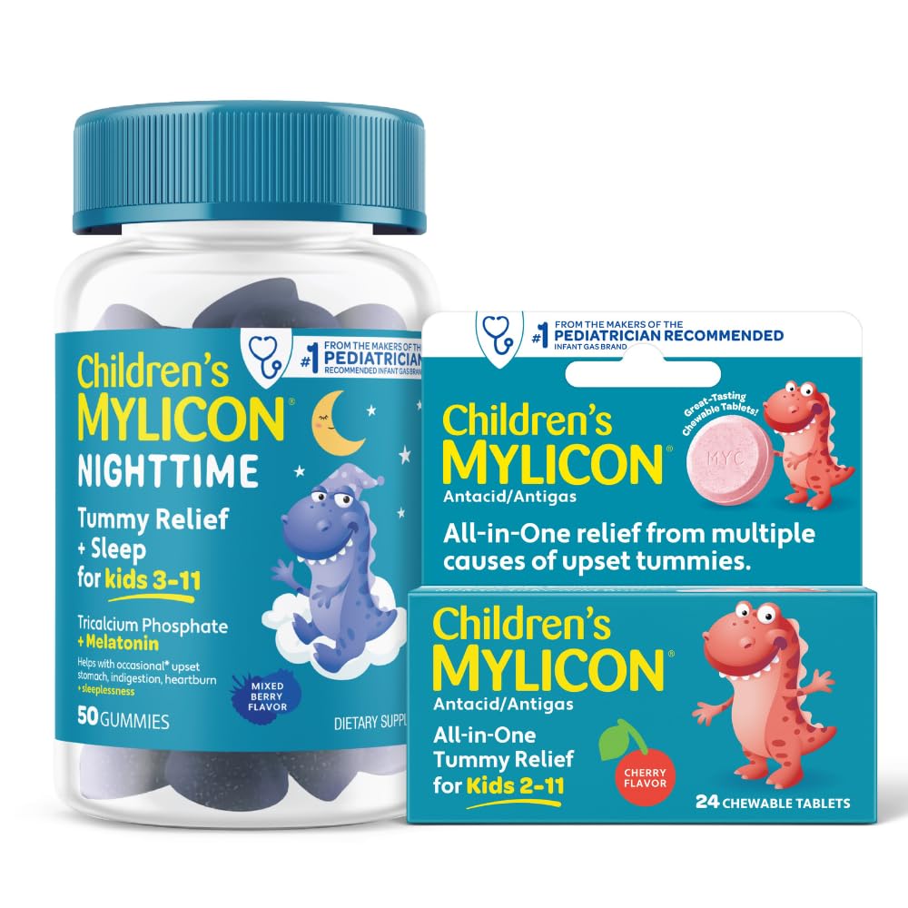 MYLICON Tummy Relief for Kids Bundle, Daytime Tummy Relief Talets + 与梅拉托宁一起的夜间古米