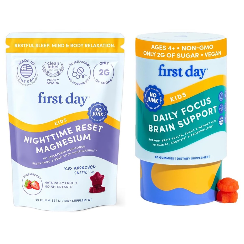 First Day Kids calming Gummys (Strawberry) & Brain Focus Gummys (Peach) for rest and attention – Mood & Energy – No Melatonin – 兴奋剂免费 – 清洁标签项目验证 – + 维加恩 + 30日供应