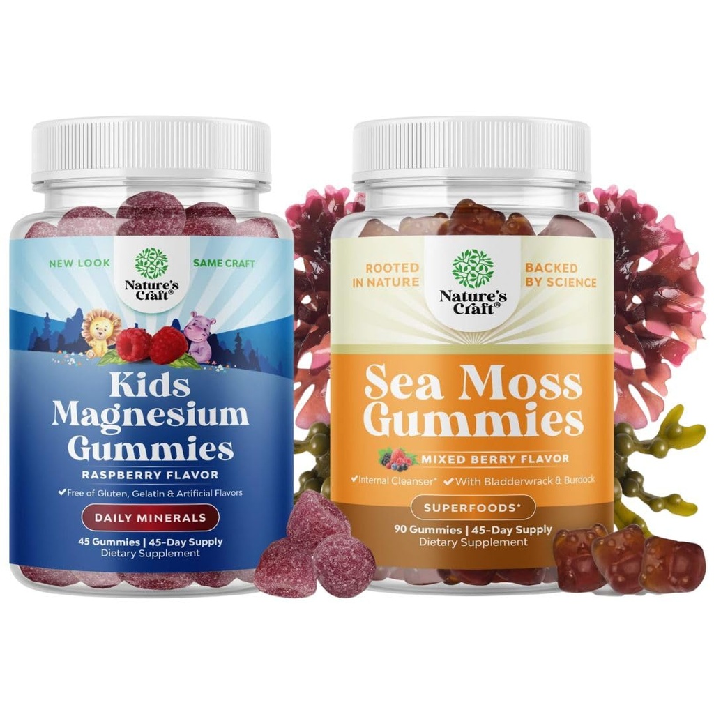 婴儿袋(Bundle of Kids Magnesium Gummys) - 冷静点 Mg 与 Raspberry Flavor 一起为 Nerve 健康肌肉和心脏支持,爱尔兰海摩斯 Gummys 与爱尔兰海摩斯,Bladderwrack 和 Burdock 根