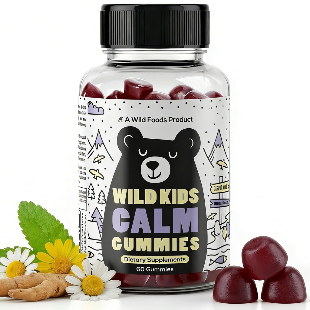 野生食品 孩子们 冷静的Gummys - Ashwagandha Gummys for Kids w/GABA, L-Theanine, Lemon Balm & Charmomile - 支持自然放松,压力救济和睡眠,儿童4+,Berry Flavor, 60 Counter