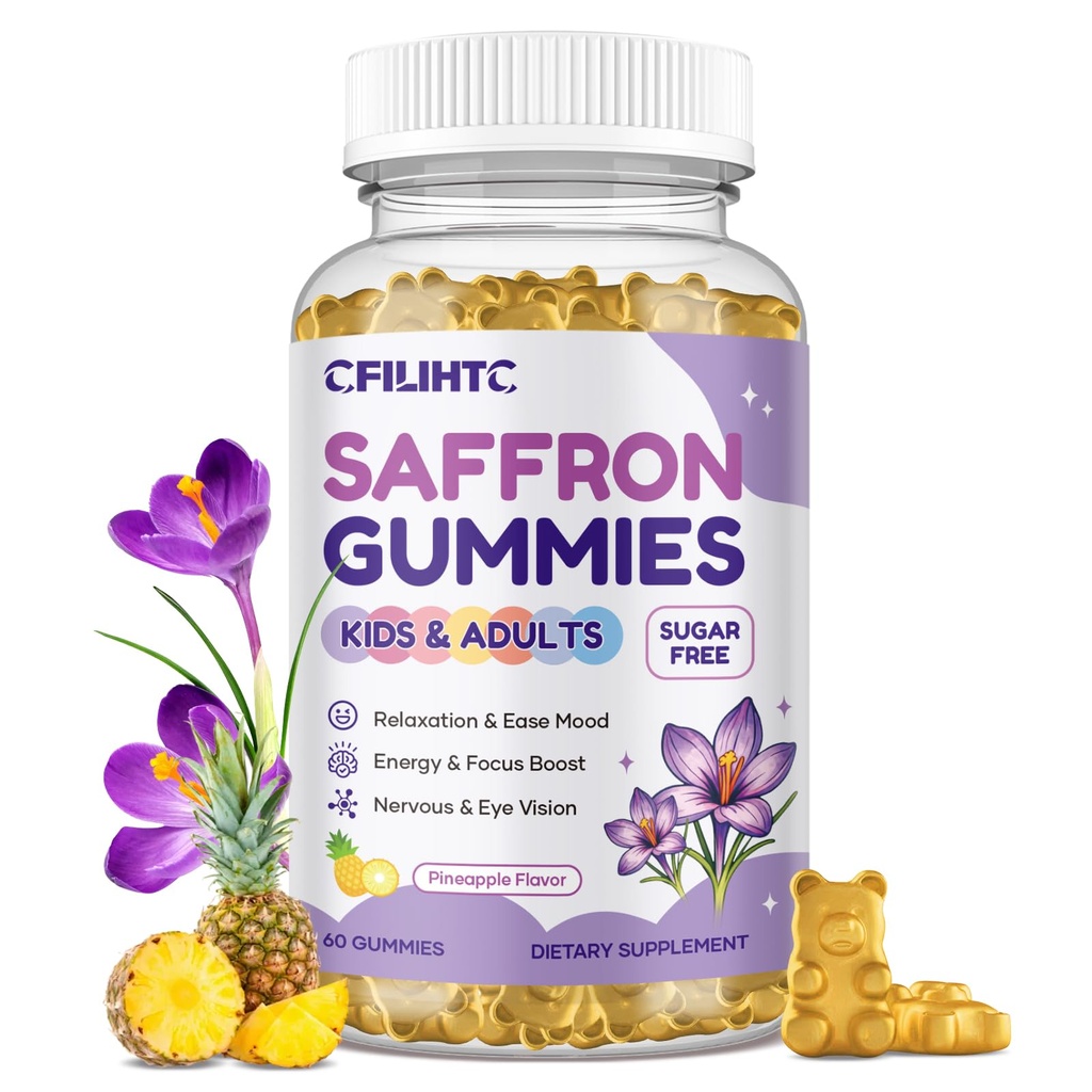 Saffron Gummys for Kids & Adults, 20-in-1 Saffron Supplements with 88.5mg Saffron Explain, B6, B12, C, D3, 镁促进平静, Focus, Nerve, 无糖, Vegan, Non-GMO - Pineapple Flavor, 60 Counts