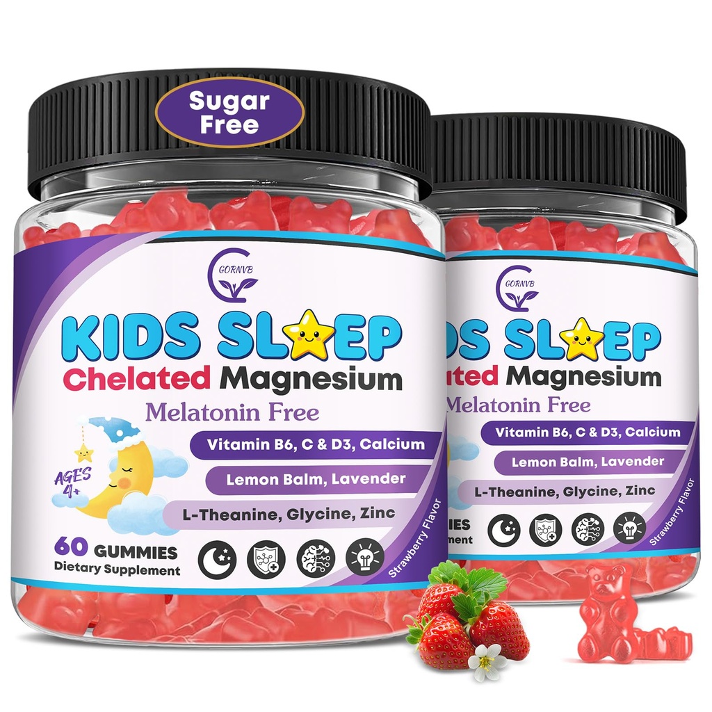 儿童睡眠Gummys, No Melatonin 睡眠援助Gummys w/ 甘油镁, Calcium Citrate, L- Theanine, GABA, 维生素D3 K2 B6 锌, 芝末酒和柠檬薄膜换Zzz & Relax, Brain, Bone, 非GMO 2Pack
