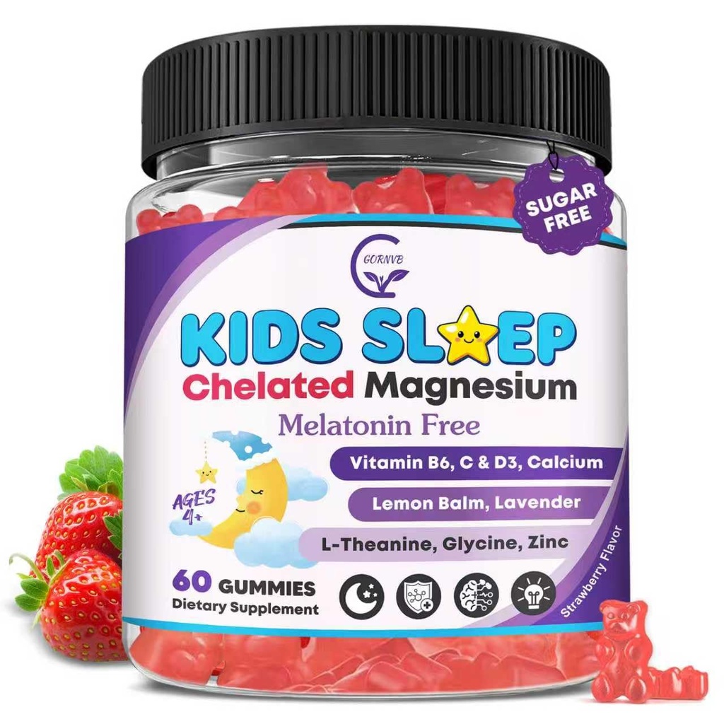 儿童睡眠Gummys,无梅拉托宁睡眠援助Gummys w/ 甘油镁,Calcium Citrate, L-Theanine, GABA, 维生素D3 K2 B6 锌, 夏莫米利和柠檬浆换Zzz & Relax, Brain, Bone, 非GMO 1Pack