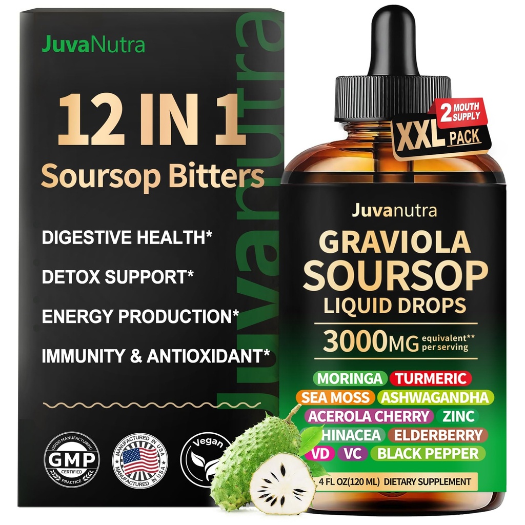 (4 Fl Oz) Soursop Bitters 液体在1中与Sea Moss, Moringa, Turmeric, Echinacea & Ashwagandha 抽取 - 草药Tonic 用于消化健康与免疫支持