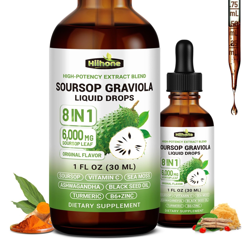 (2 pack) 8 in 1 Graviola Soursop Leaf 提取液 - Soursop 位点液与海蚊, Ashwagandha 和 Turmeric, 用于 Imune & Liver, Zzz & Antioxidant & Cell Support, 1 Fl Oz