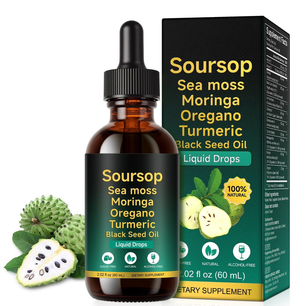 Soursop Bitters Liquid Drops 12 in-1 Complex - 2 Fl Oz - 富含海摩斯,莫林加,Turmeric & Ashwagandha 提取 | 草药 用于免疫支持和消化 健康 | 维生素 C & D3 | Vegan