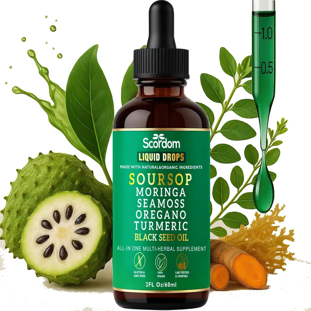 Soursop Bitters Liquids Dropps 10in-1 with Sea Moss, Turmeric, Moringa, 黑种子油, Oregano, Ashwagandha & Herbal 提取器 - 支持整体健康, Vegan, 60mL/2 Fl Oz