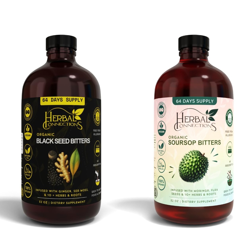 黑种子 & Soursop Bitters Bundle – 2 x 32 oz瓶装 - 64天供应 - Vegan Organic Herbal Tonic for Instrumentive Health & Group Wellness – No Sugar, Made in USA.