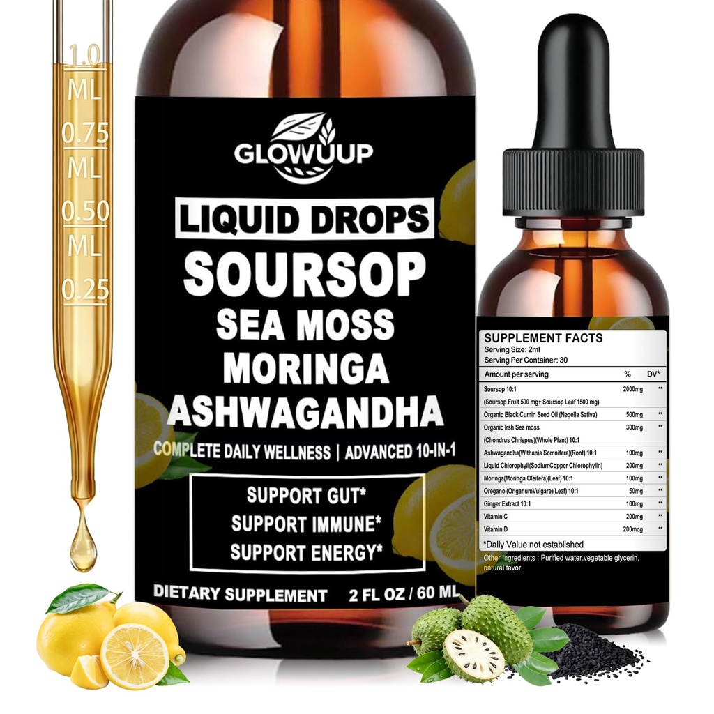 Soursop Bitters Liquid, 10-in-1 草药Soursop Drops with Sea moss, Ashwagandha, 黑种子油, Moringa & Oregano for Imune 支持, Gut Health, 细胞再生和抗氧化剂, 非GMO, 2 Fl Oz