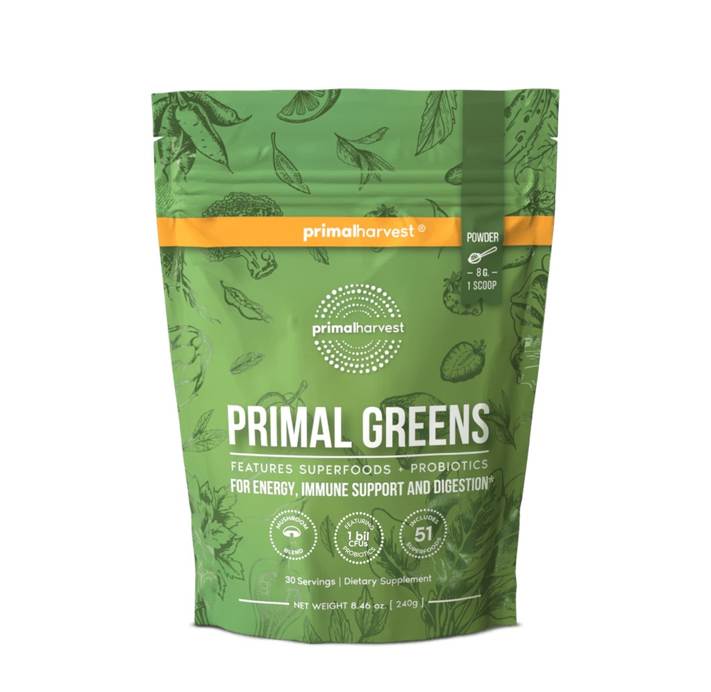 Primal Harvest Super Greens Powder, 30 services w/+50 Greens Superfood Chlorella, Probiotics, 绿茶, 小麦草, Kale, Turmeric for Energy, Primal Greens (英语).