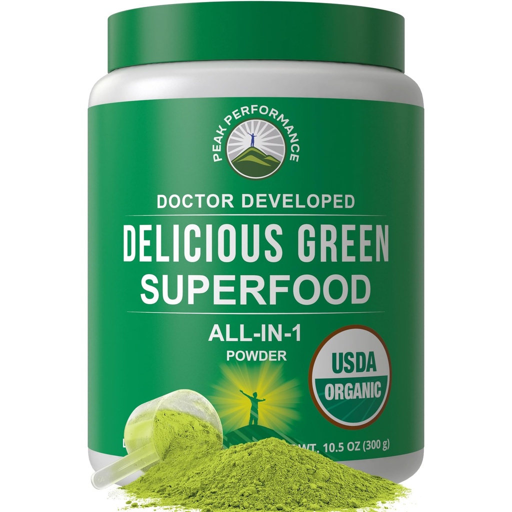 Peak Performance Organic Greens Superfood Powder. Best Tasting Super Greens Powder with 25+ Organic Ingredients for Max Energy and Athletic Performance. Vegan Keto Green Juice Daily Drink