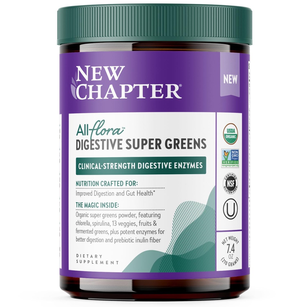 新篇章 All-Flora Digestive Super Greens Powder for Gut Health - 临床-Strength 消化酶 + USDA 有机氯,螺旋藻,发酵绿 – 美味和100% Vegan, 30 services