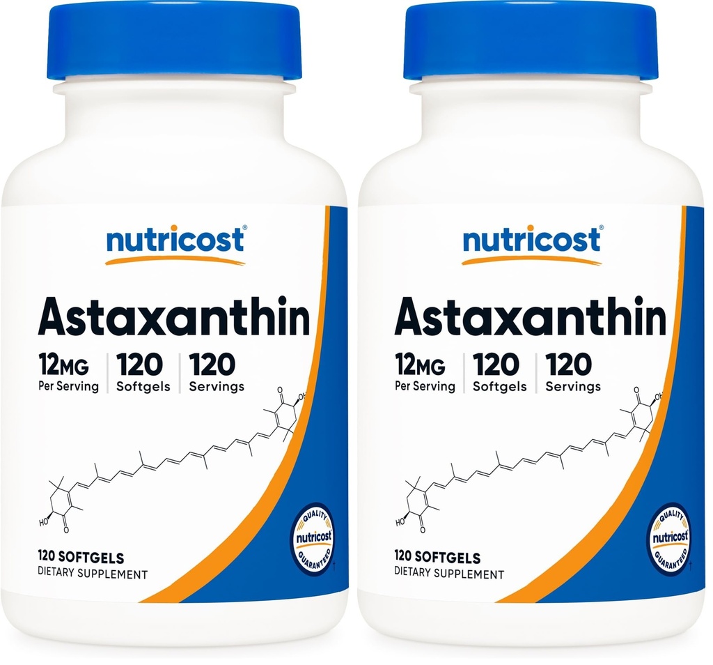 Nutricost Astaxanthin 12mg, Non-GMO and Gluten Free, 120 Softgels (4个月供应) (2包)