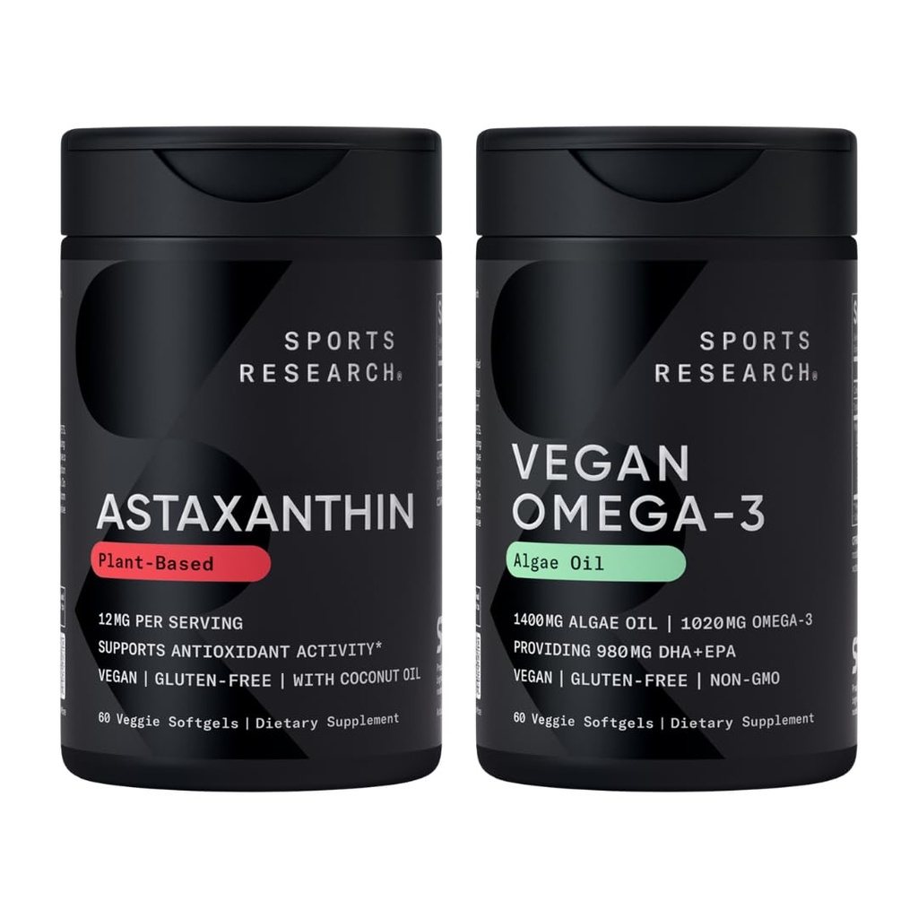 运动研究 βn抗氧化剂支持包 - Omega-3 Algae Oil and Plant 基于Astaxanthin Softgel 用于抗氧化剂活动,皮肤和眼部健康(各60个Veggie Softgels)
