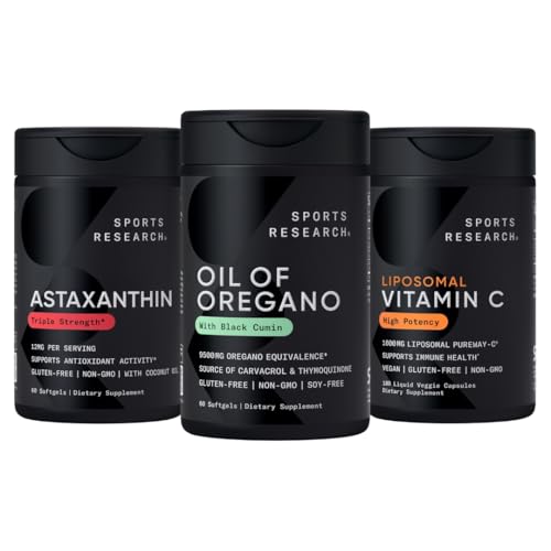运动研究 ®抗氧化剂支持包装 - Oregano 9500mg + 三重强度 Astaxanthin 12mg + Liposomal 维生素C 补充1000 mg