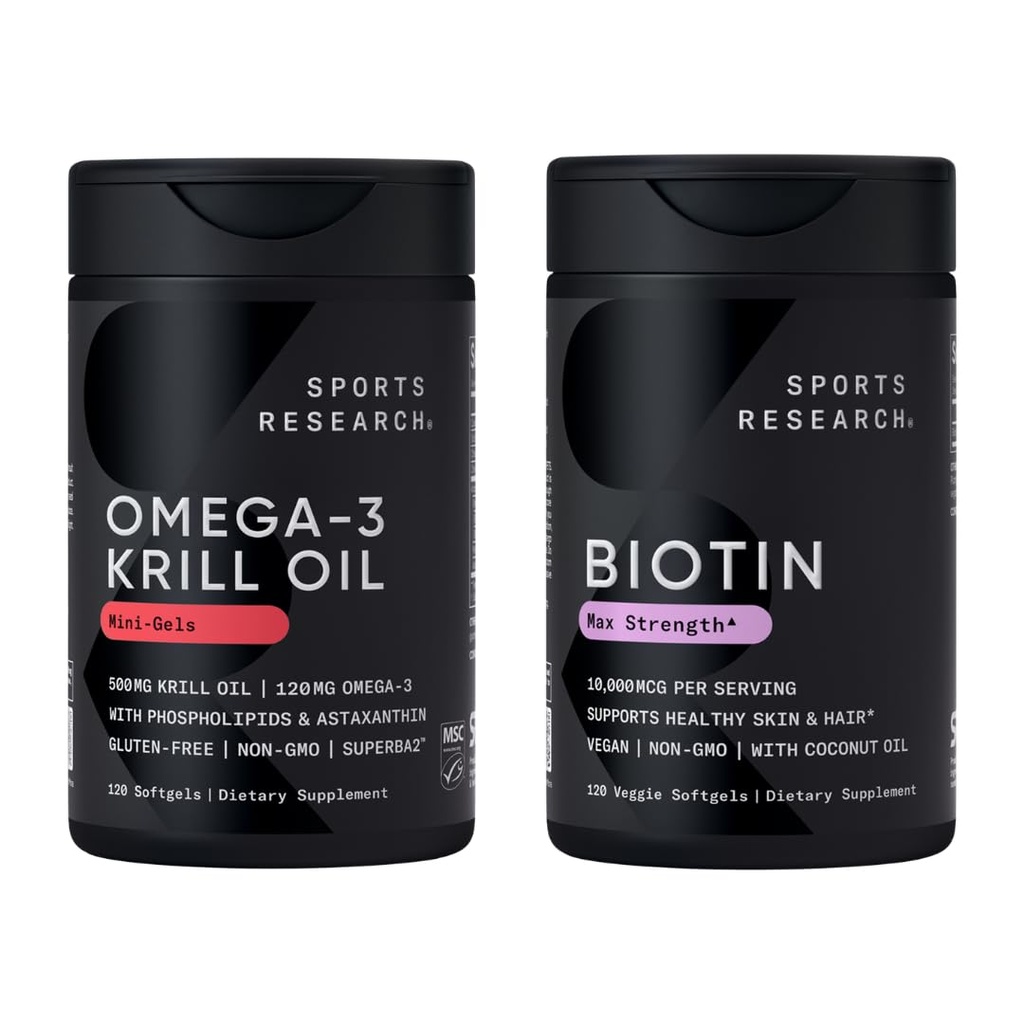 光滑和流体包 - Omega-3 Krill Oil 500mg - Pure Authorian Superba Krill 含磷脂、Choline & Astaxanthin 和 Biotin 10,000mcg 含有机椰油(维生素B7)