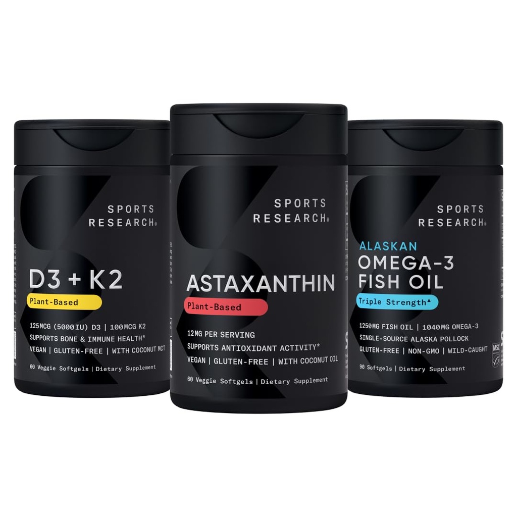 来自藻类、Omega-3鱼油1250毫克和维生素D35000iu & Mk7维生素K2的抗氧化剂支持包装W/Triple Power Vegan Astaxanthin补充剂 石油