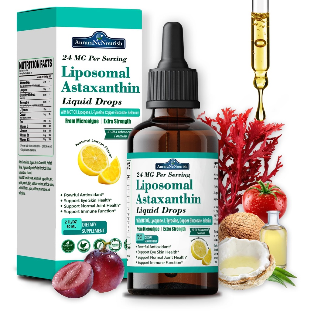 Liposomal Astaxanthin 24mg 液滴,11-in-1 抗氧化剂与MCT Oil, Lycopene & Organic Coconut Oil, 新鲜微藻源, 支持女性和男性眼皮联合健康,柠檬火焰