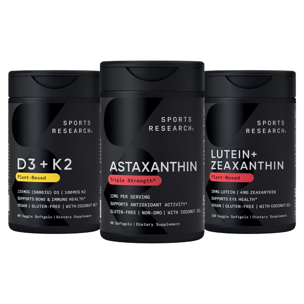 运动研究 + 抗氧化剂支持 Pack w/Astaxanthin 12mg,维生素D3 5000iu + K2 100mcg,Lutein 20mg + Zeaxanthin 4mg 补充剂 - Vegan认证 → 非 GMO → Gluten & Soy Free