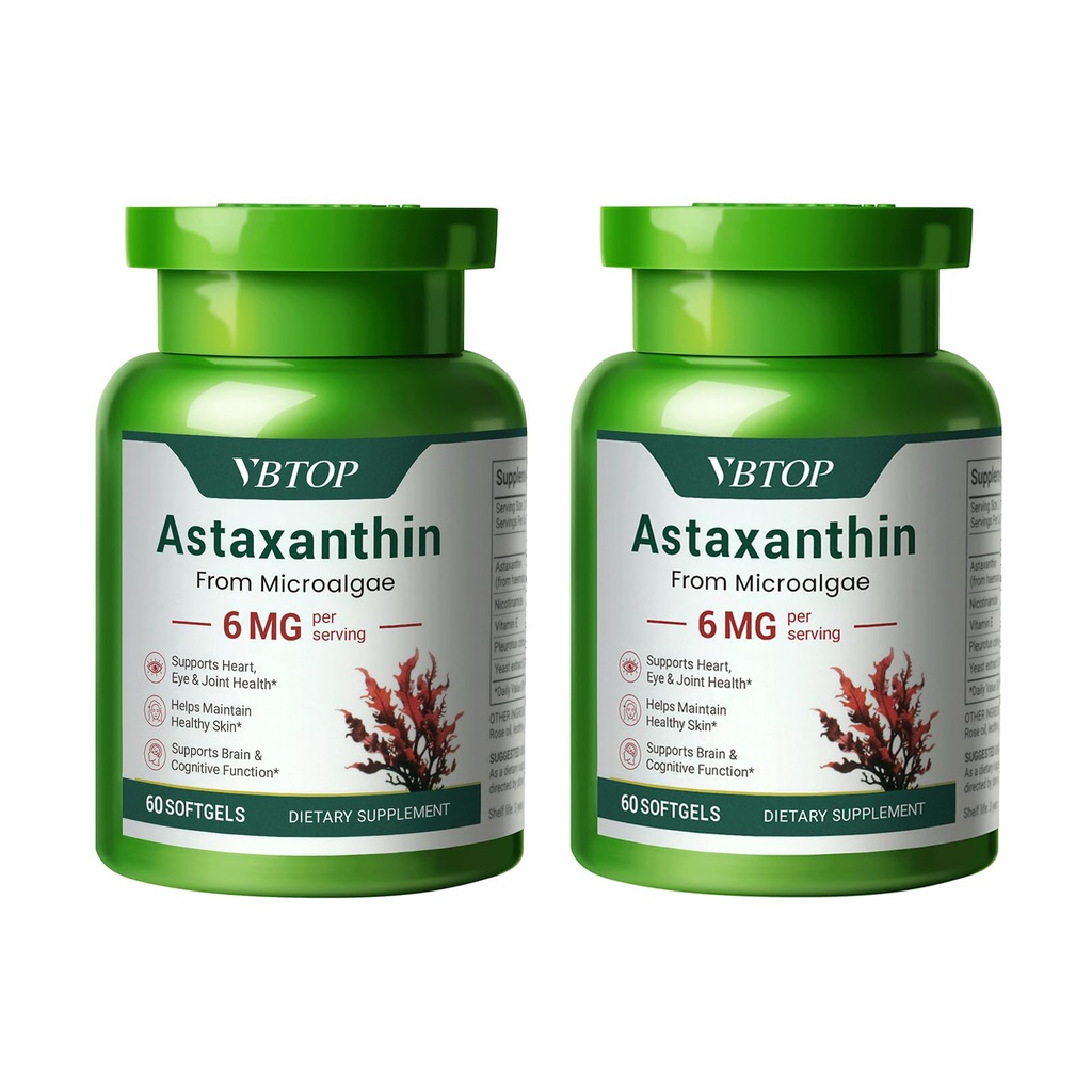 2瓶Astaxanthin 6毫克,Astaxanthin Premium Astaxanthin 添加抗氧化剂活性,支持眼,皮肤,联合和免疫系统健康. 新鲜微藻源,非GMO,无脂-120软胶