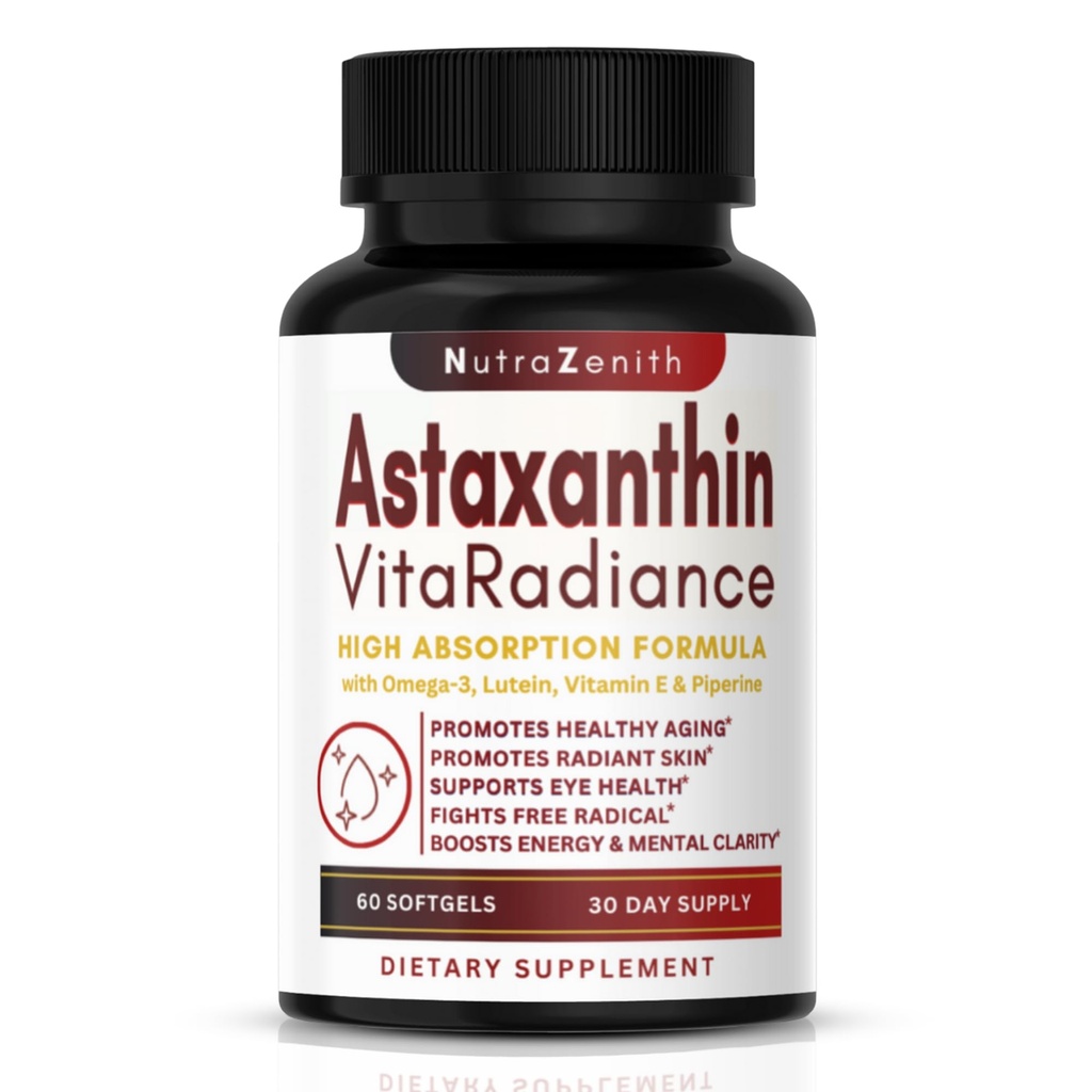Astaxanthin 补充 Omega-3,维生素E & Lutein – 60 Capsules 用于超级抗氧化剂支持,能量靴,精神清晰度和眼睛/皮肤护理 – 三联行动公式(强抗氧化剂复合体)