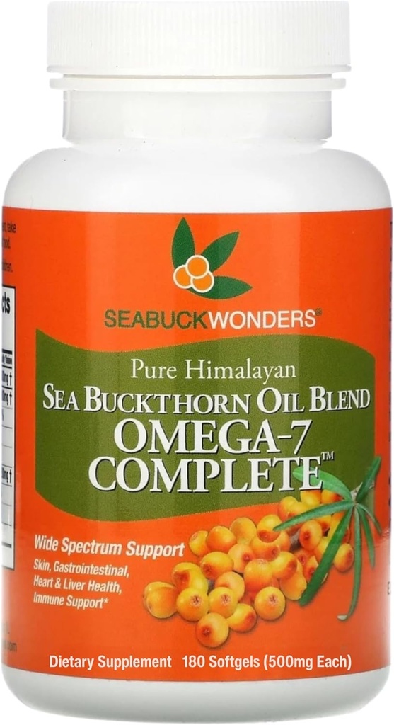 Seabuck Wonders Organic Sea Buckthorn Oil, Omega-7 Complete Softgels, 180 Counter, 配 Omega 3, 6 & 9, 支持头发, 皮肤和钉子健康, 每架1000mg