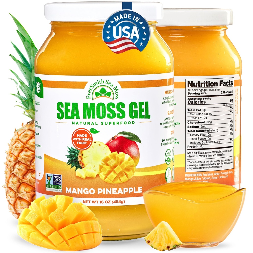 EverSmith Organizations - 野生爱尔兰海 Moss Gel – 在美国制造 – 富含维生素和矿物 – 海 Moss Gel Raw – 营养补充 – Mango Pineapple (1 Ja)