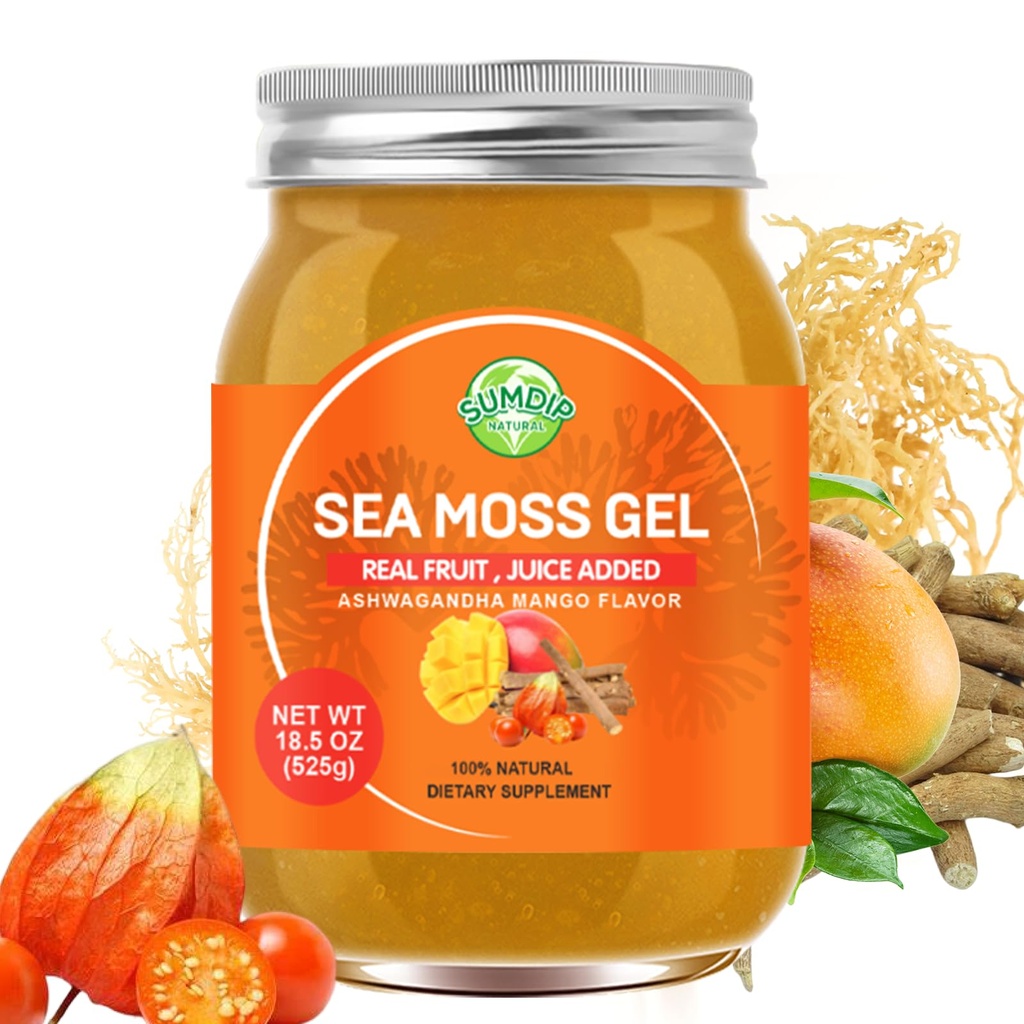 Sea Moss Gel, Raw Flavored Irish Seamoss Gel Immune和消化支持维生素矿物质补充品, Ashwagandha Mango Flavor 18.5oz