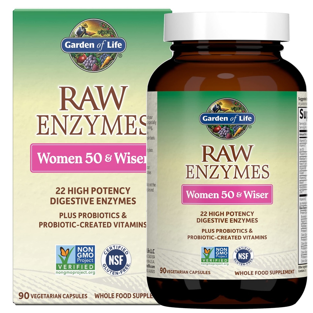 22 生命花园 22 女性消化酶 50 与Bromelain,Papain & Lactase + Probiotics & Vitamins B12, Biotin & Zinc – RAW 酶 – 非GMO,Gluten-Free,蔬菜,90胶囊