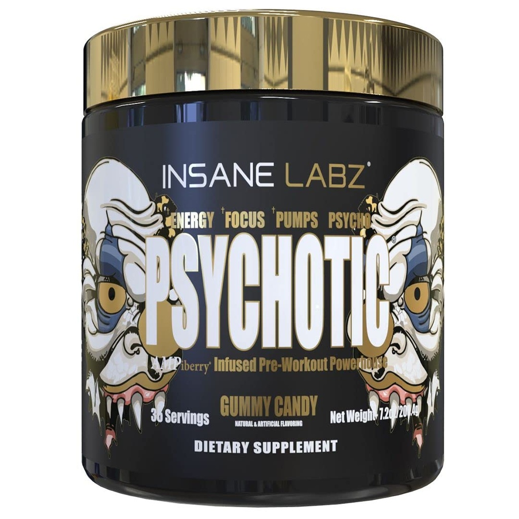 Insane Labz 心理金,高兴奋剂预研粉,极持久能源聚焦,泵和耐力与Beta Alanine,DMAE Bitartrate,NO Booster (35 services,Gummy Candy)